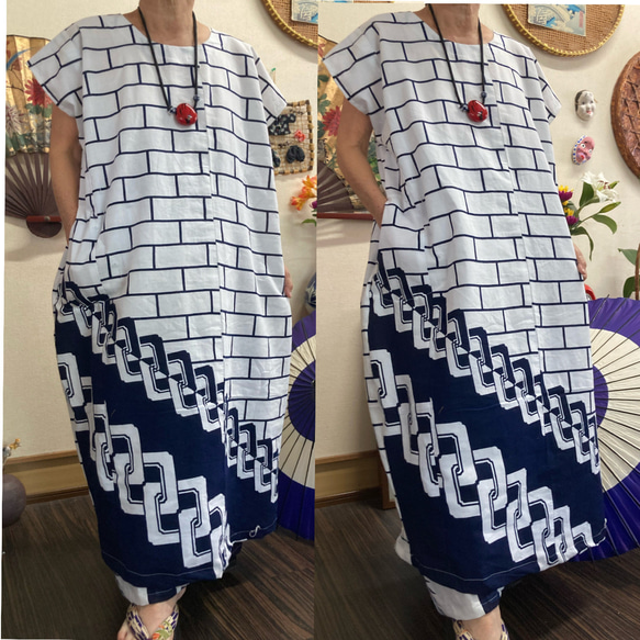 着物リメイク　新品　綿浴衣　ロングワンピ＊チョーカー＊トートバッグ3点セット 浴衣のワンピース 浴衣リメイク ワンピース 着物リメイク 順子