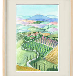 葡萄畑の風景 30×40cm ☆額縁選べる2色 ＊額装付き手書き水彩原画