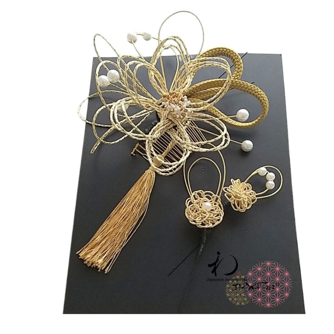 国産水引髪飾り//結婚式・成人式/ゴールド/タッセル付/５点入りセット透明パッケージ入り