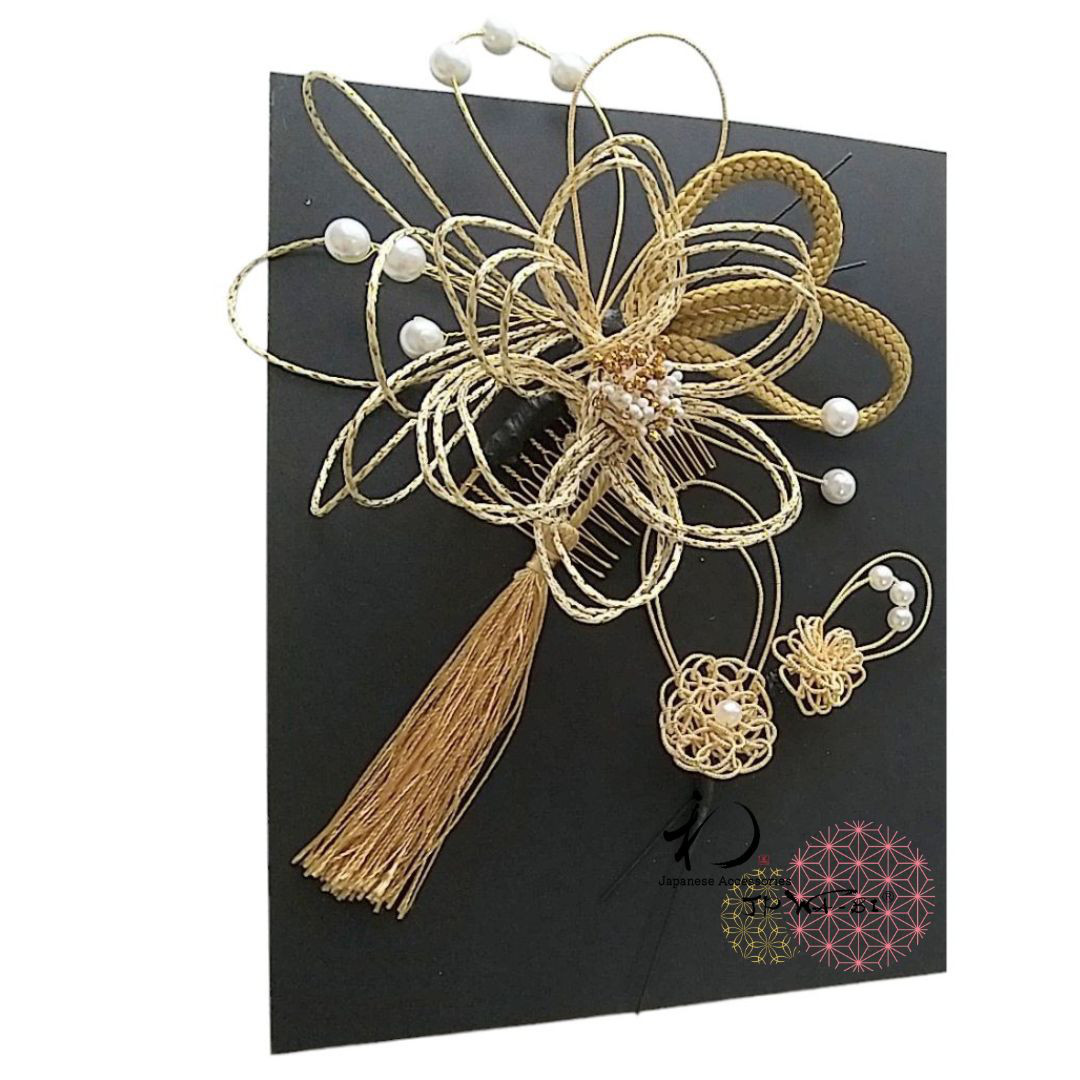 国産水引髪飾り//結婚式・成人式/ゴールド/タッセル付/５点入りセット透明パッケージ入り
