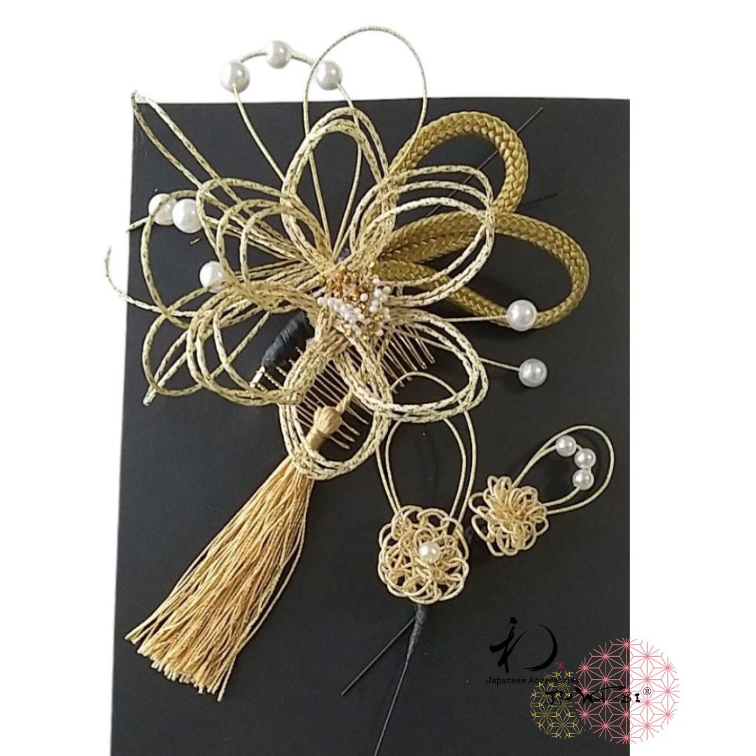 国産水引髪飾り//結婚式・成人式/ゴールド/タッセル付/５点入りセット透明パッケージ入り