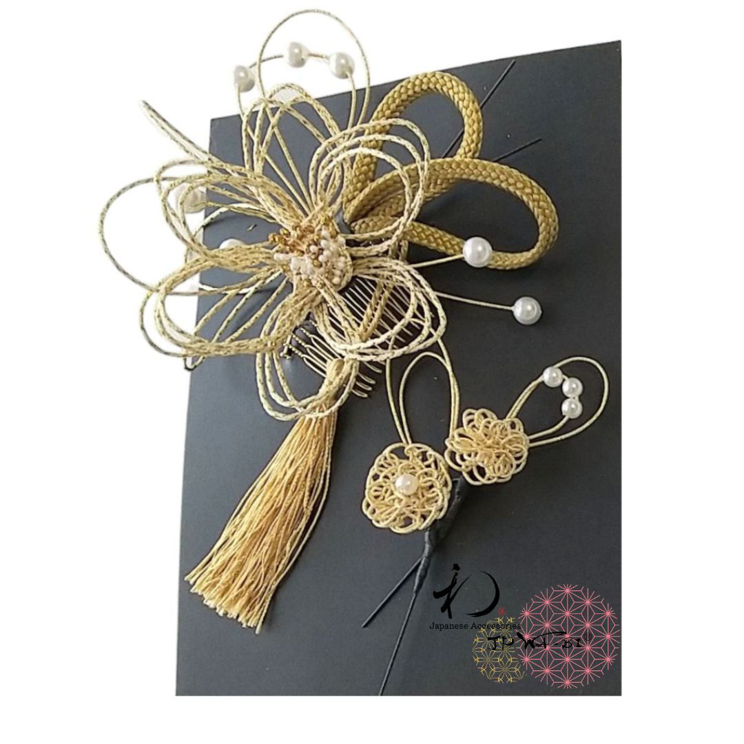 国産水引髪飾り//結婚式・成人式/ゴールド/タッセル付/５点入りセット透明パッケージ入り