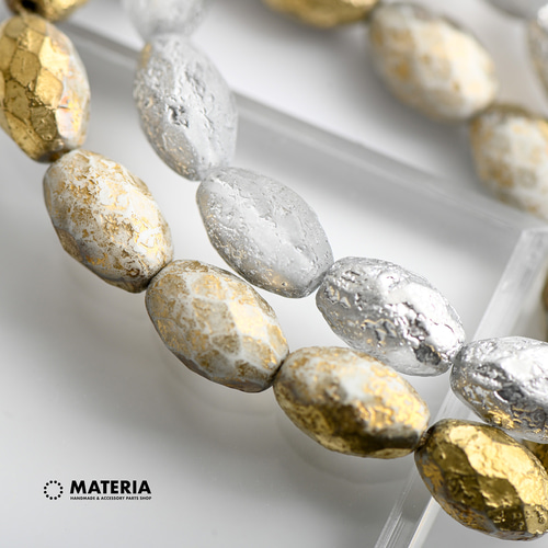 チェコガラスビーズ 多面オーバル グレー＆シルバー 2個 チェコビーズ