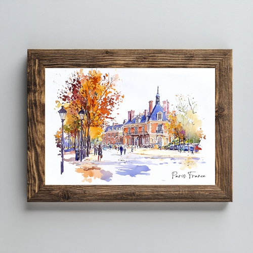 パリの街並みと紅葉の水彩画アート ☆ ヨーロッパ風景｜インテリア