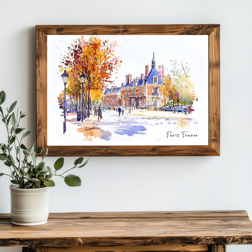 パリの街並みと紅葉の水彩画アート ☆ ヨーロッパ風景｜インテリア