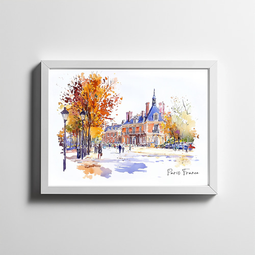 パリの街並みと紅葉の水彩画アート ☆ ヨーロッパ風景｜インテリア