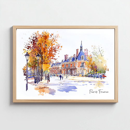 パリの街並みと紅葉の水彩画アート ☆ ヨーロッパ風景｜インテリア