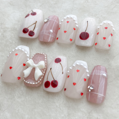 ネイルチップ 量産型 韓国 フレンチ ピンク リボン ちゅるん ワンホン ハート ネイルチップ 量産型 韓国 フレンチ ピンク リボン ちゅるん