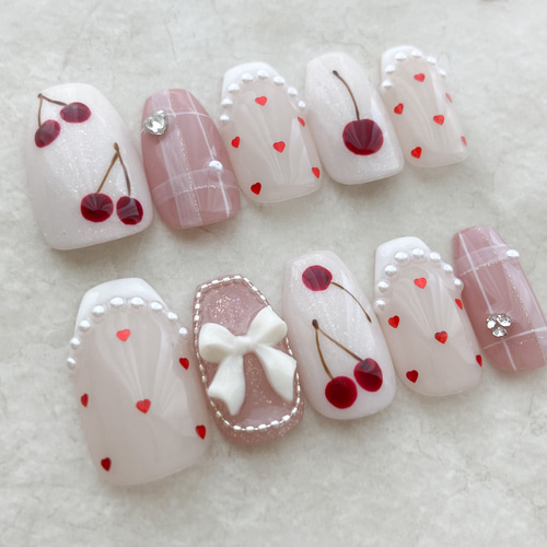 受注製作〉No.038 さくらんぼ ピンク 量産型 リボン ハート 量産