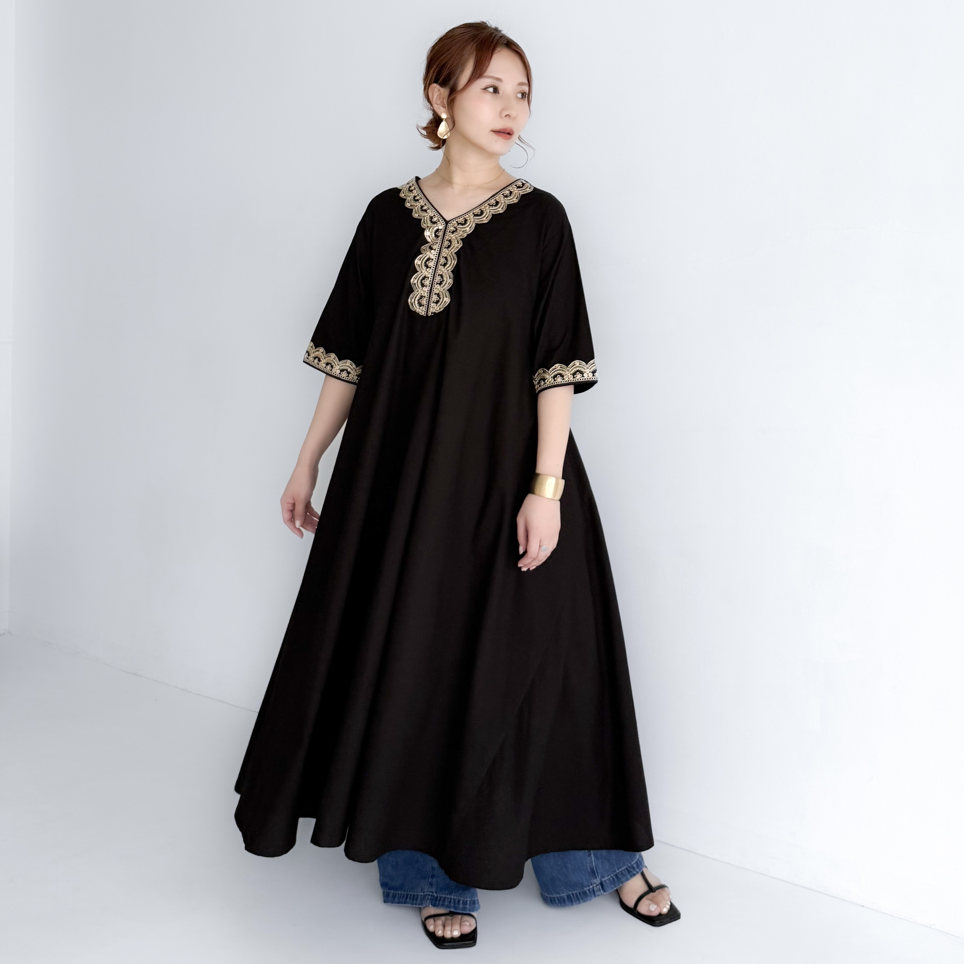 インド刺繍リボン ブラックドレス ワンピース minazuki moti