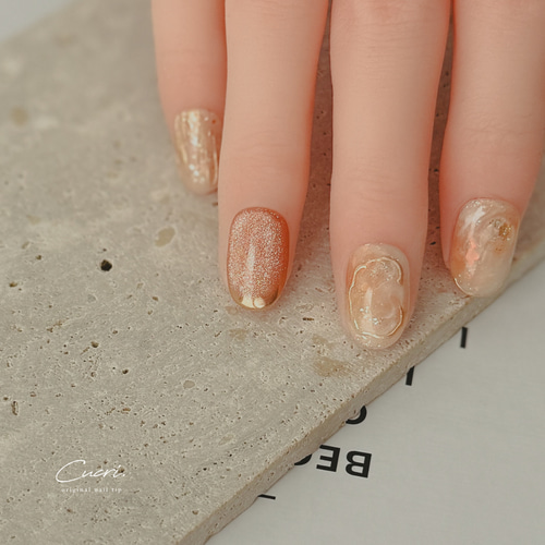 透け感オレンジブラウンネイル sunset orange ゴールド