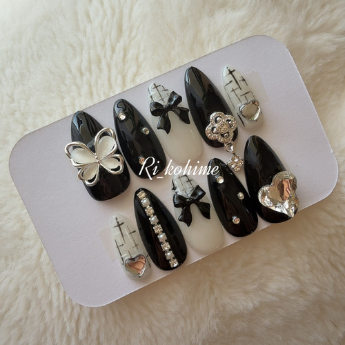 オーダー ネイルチップ モノクロ 韓国ワンホンフレンチガーリー 量産型