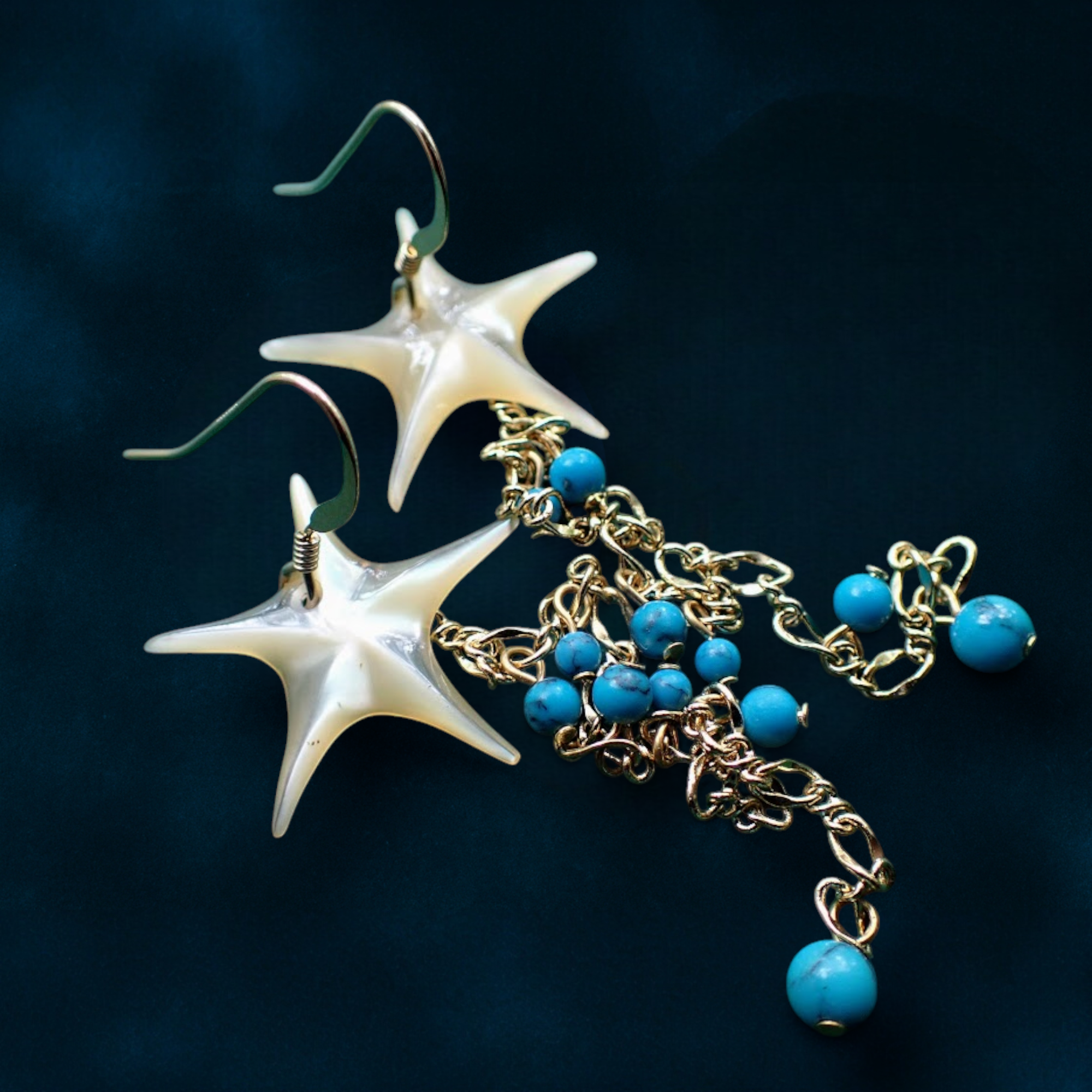 【一点物】冬の海のきらめき｜夜光貝ヒトデ×ターコイズ 14kgfピアス＊一点物
