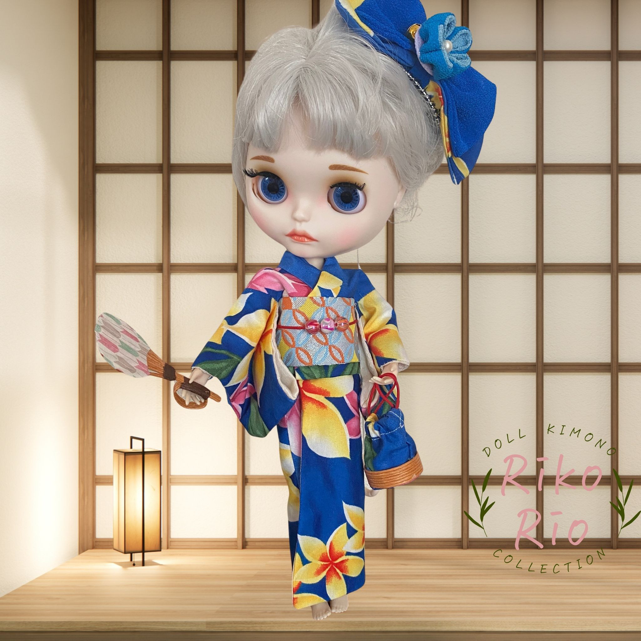 ブライス着物 ☆浴衣【プルメリア柄の浴衣セット】バッグ・うちわ付き