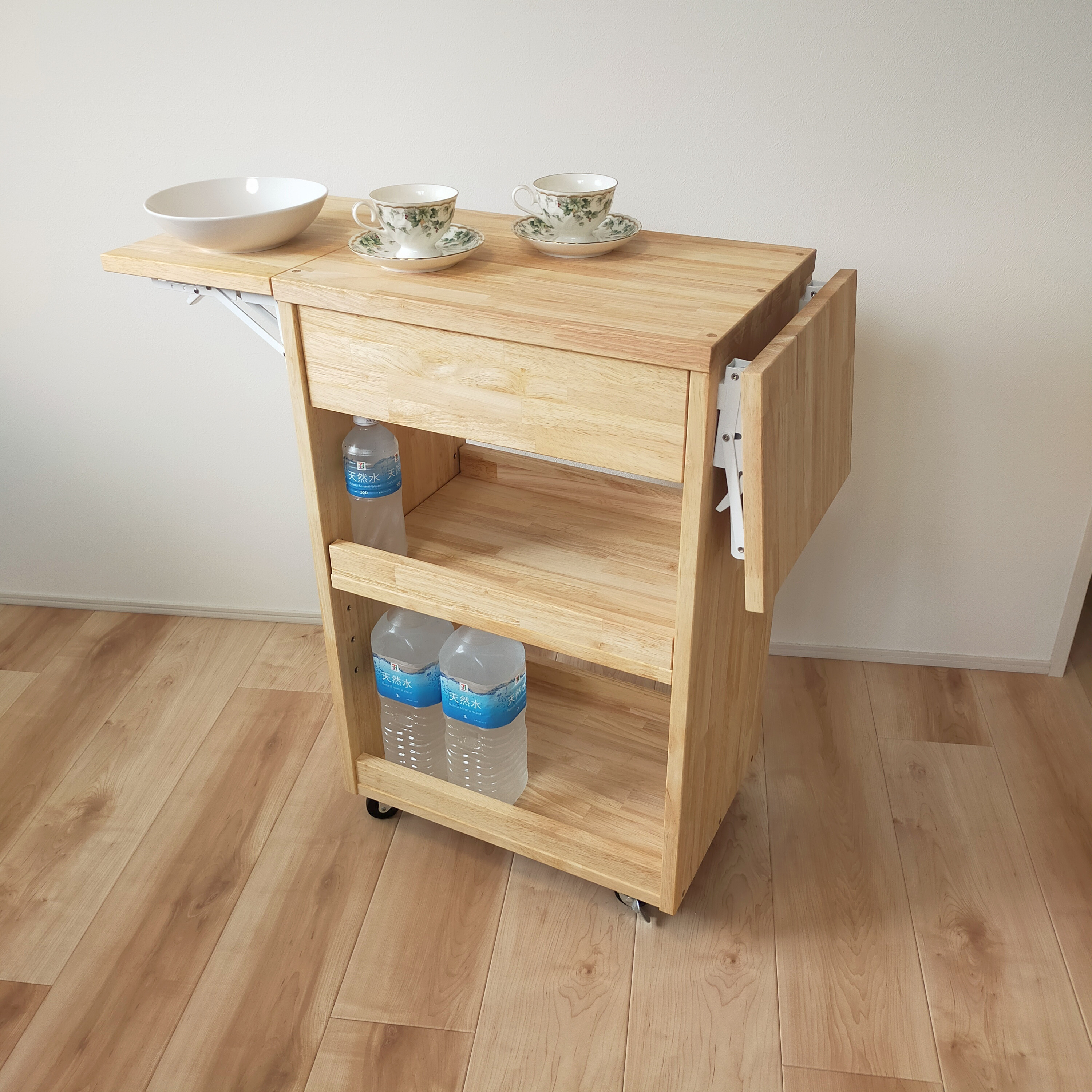 拡張天板付き便利ワゴン　キッチン　リビング　作業スペース　ワークスペース　折り畳み