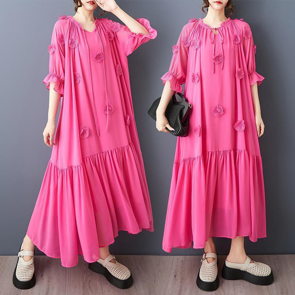 ピンク ワンピース 半袖 ロング ❤️大きいサイズ❤️ロングワンピース レディース 春夏 新品 半袖