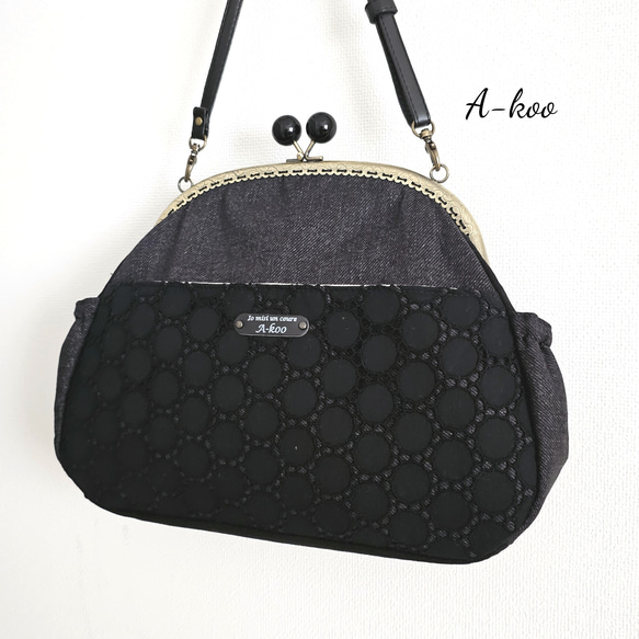 A-koo『受注製作』サークルレース☆黒☆あおり付きがま口バッグ A-koo