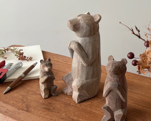 最終SALE 3体セット 天然無垢ウッド 木彫り お願い くまさん 熊