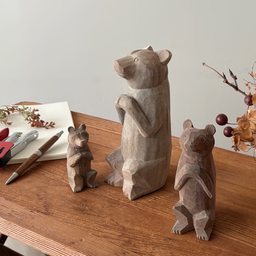 最終SALE 3体セット 天然無垢ウッド 木彫り お願い くまさん 熊