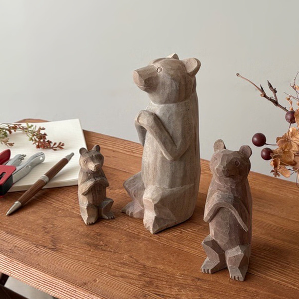 最終SALE 3体セット 天然無垢ウッド 木彫り お願い くまさん 熊