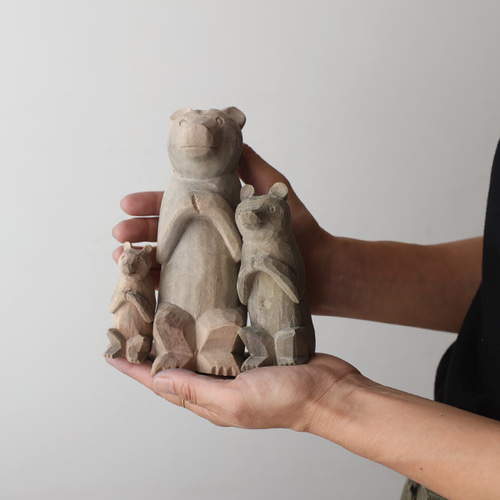 冬ごもりSALE 3体セット 天然無垢ウッド 木彫り お願い くまさん