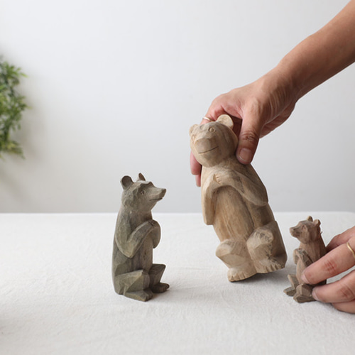 冬ごもりSALE 3体セット 天然無垢ウッド 木彫り お願い くまさん