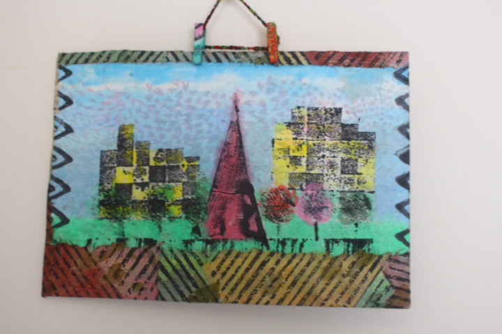 【美品】風景画　千切り絵作家　署名入り　高級額縁　大型絵画　高級和紙　30号 和紙ちぎり絵アート＜塔のある風景①＞壁掛けタイプ