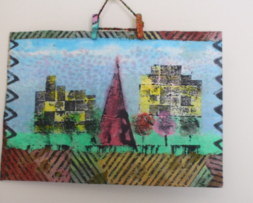和紙ちぎり絵アート＜塔のある風景①＞壁掛けタイプ