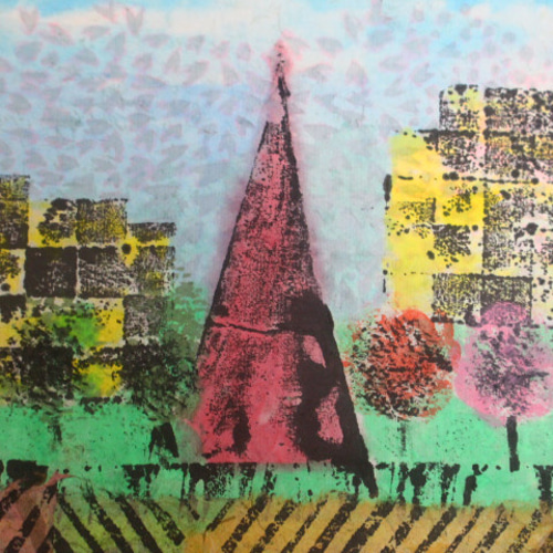 和紙ちぎり絵アート＜塔のある風景①＞壁掛けタイプ