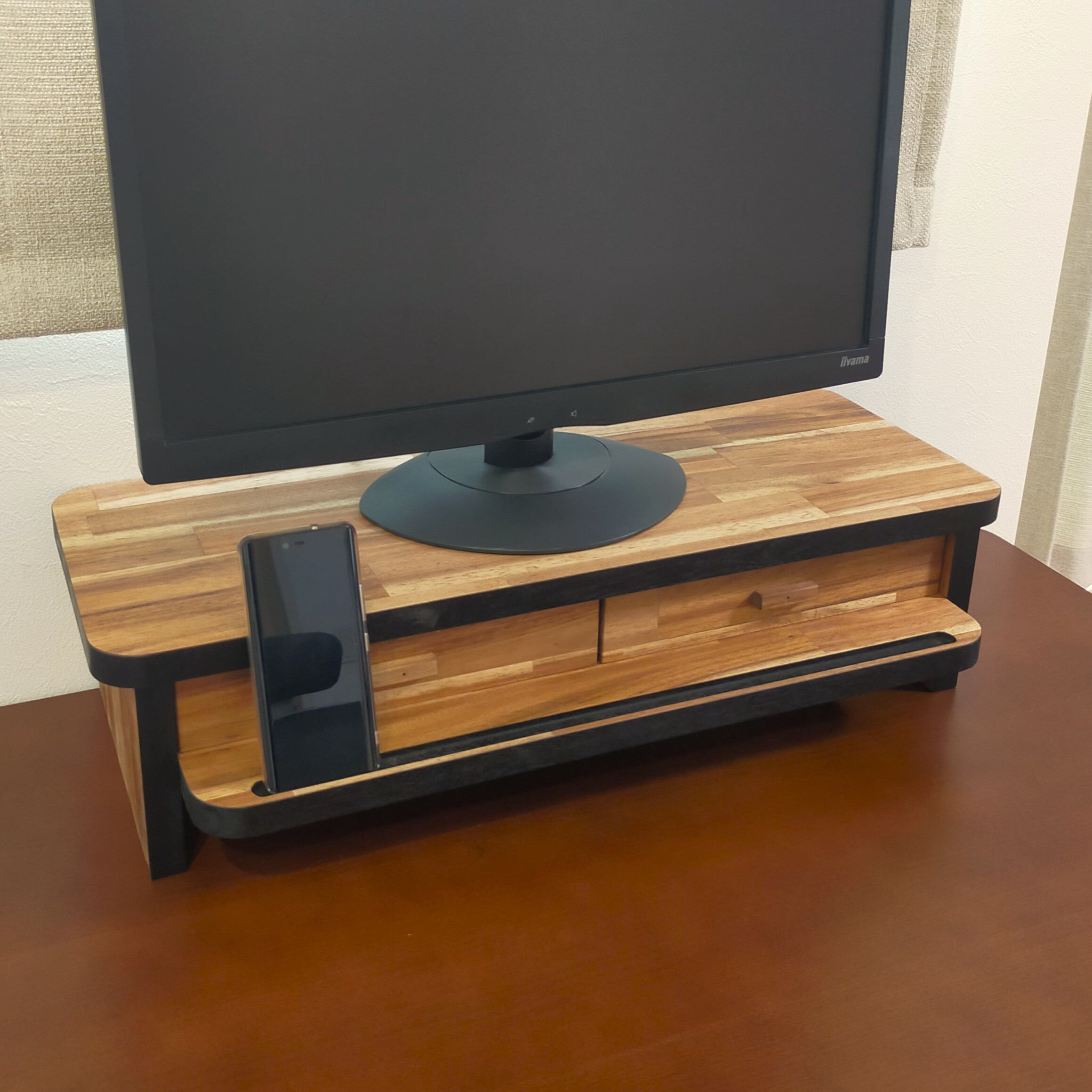 魅せるモニター台　デスクワーク　パソコン　引出付き　スリット付き