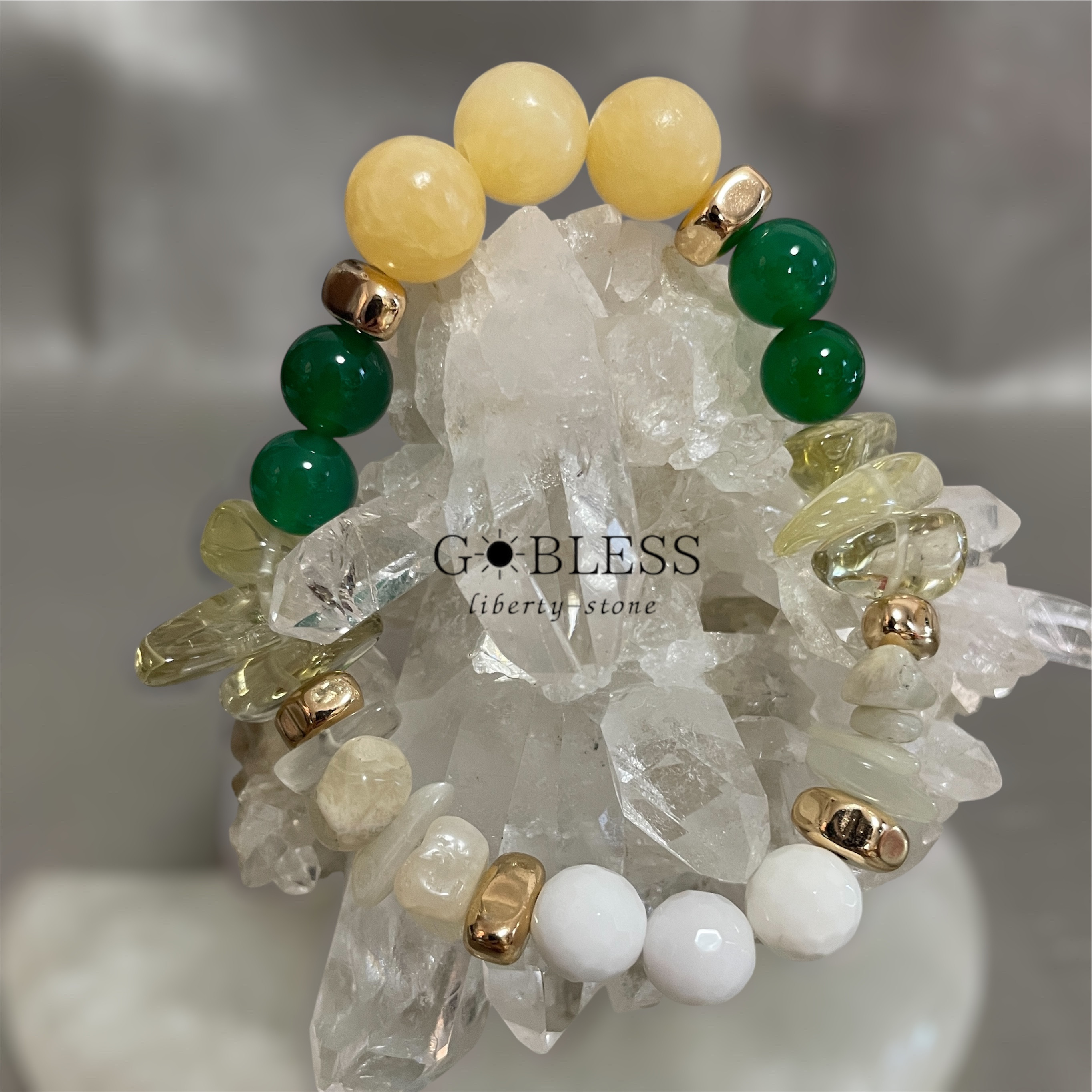295.シロハラインコ／ホワイトオニキス×レモンクォーツ×グリーンオニキス ／ ブレスレット
