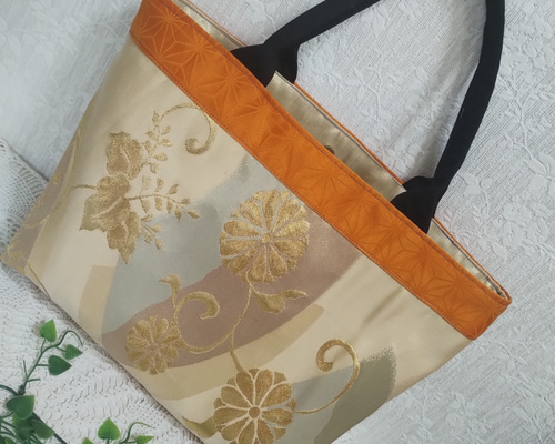 帯リメイクバッグ_花柄 正絹帯リメイク☆横型大きめバッグ☆金糸☆抽象花柄☆ハンドメイド