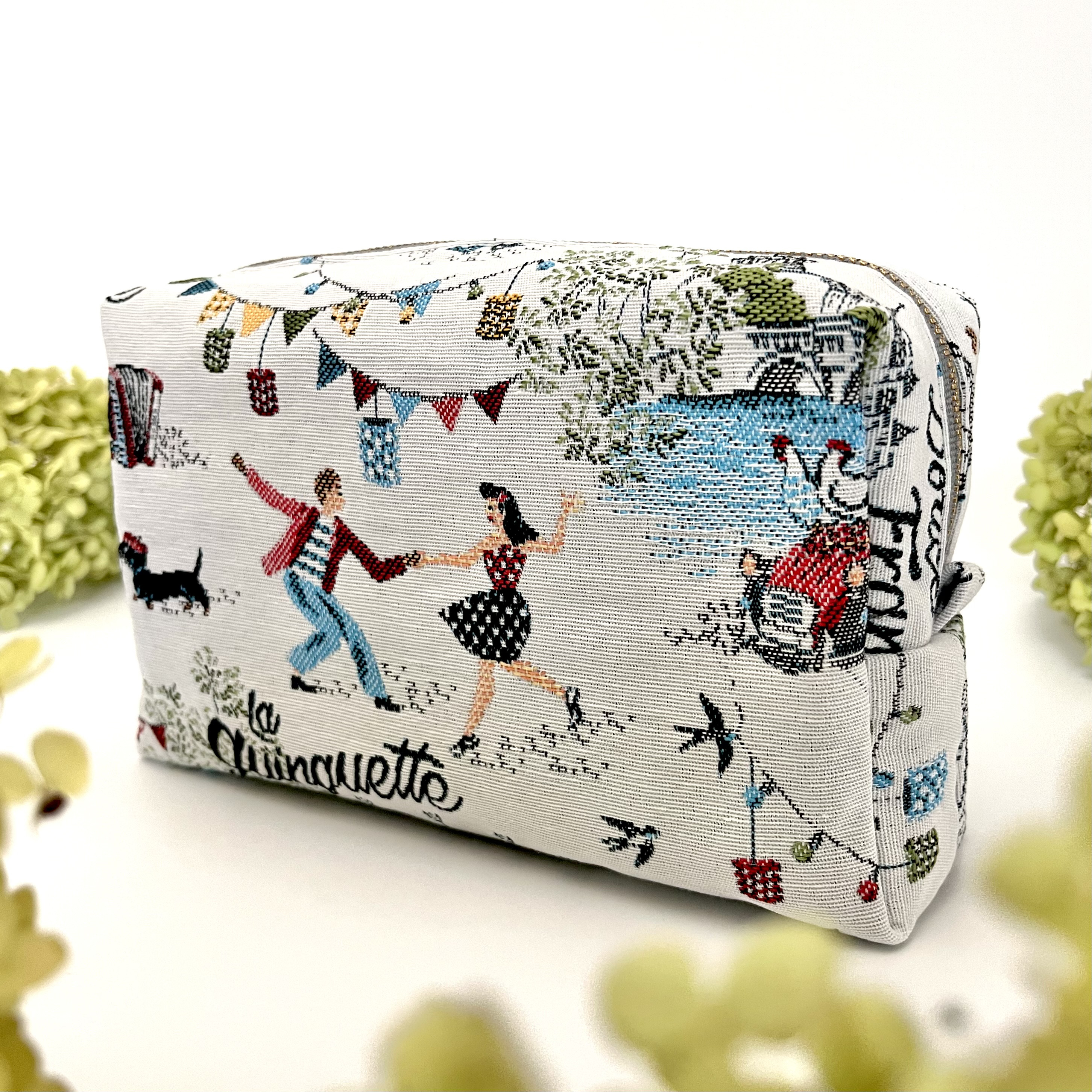 フランス生地Douce Franceと国産帆布のボックスポーチ《Mサイズ》トラベルポーチ　メイク・コスメ・お化粧ポーチ