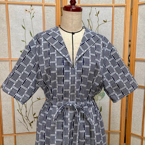 ☆浴衣リメイク☆ セーラーカラーのワンピース (ネイビー＆ホワイト