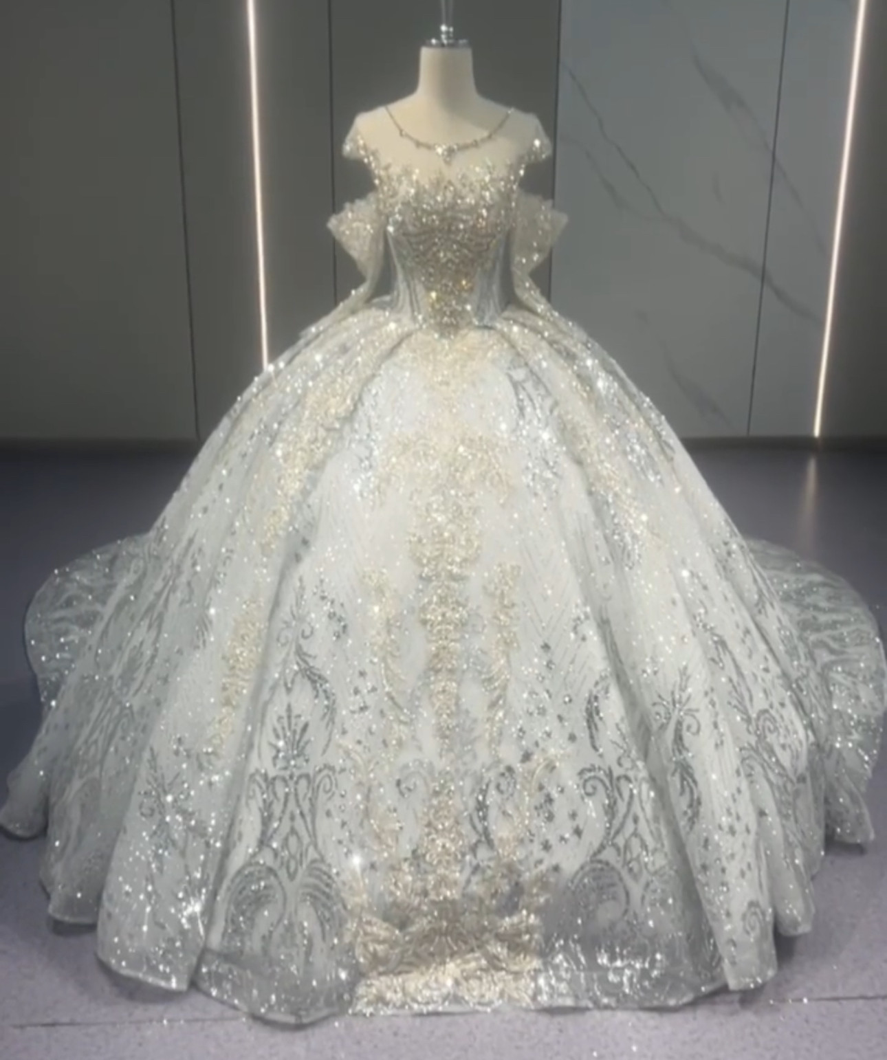 豪華　イリュージョンネック　シルバー　ラメ入り　お姫様取外し可能袖　Princess衣装ステージ演奏会音楽会コンテスト