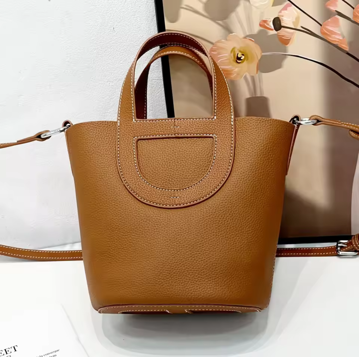 牛革 本革 バケツバッグ キューブバッグ S 茶色 ブラウン シルバー金具