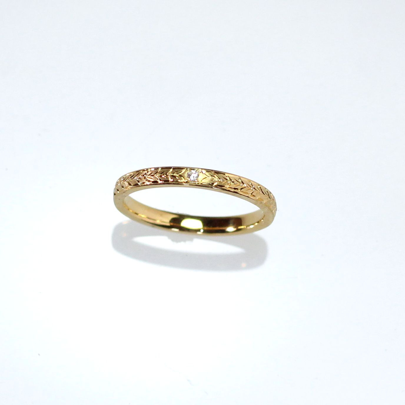 K18YG 手彫りリング(ダイヤモンド＆月桂樹) 2mm幅