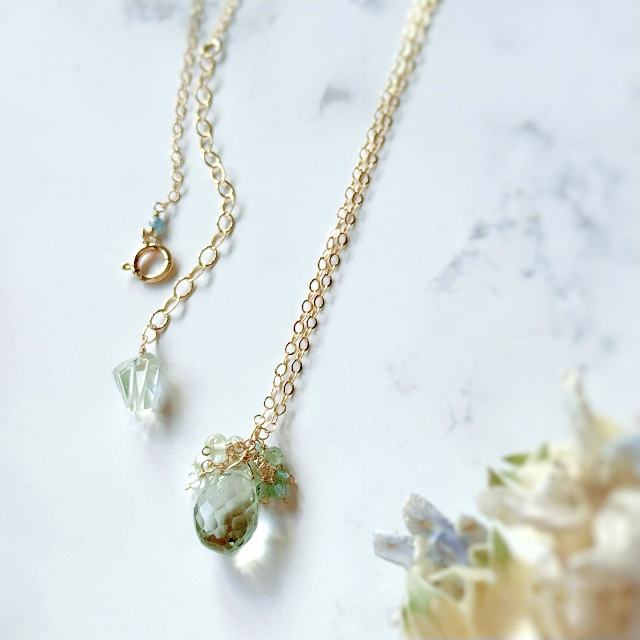 宝石質 大粒グリーンアメジストの緑のフリンジネックレス◇14kgf