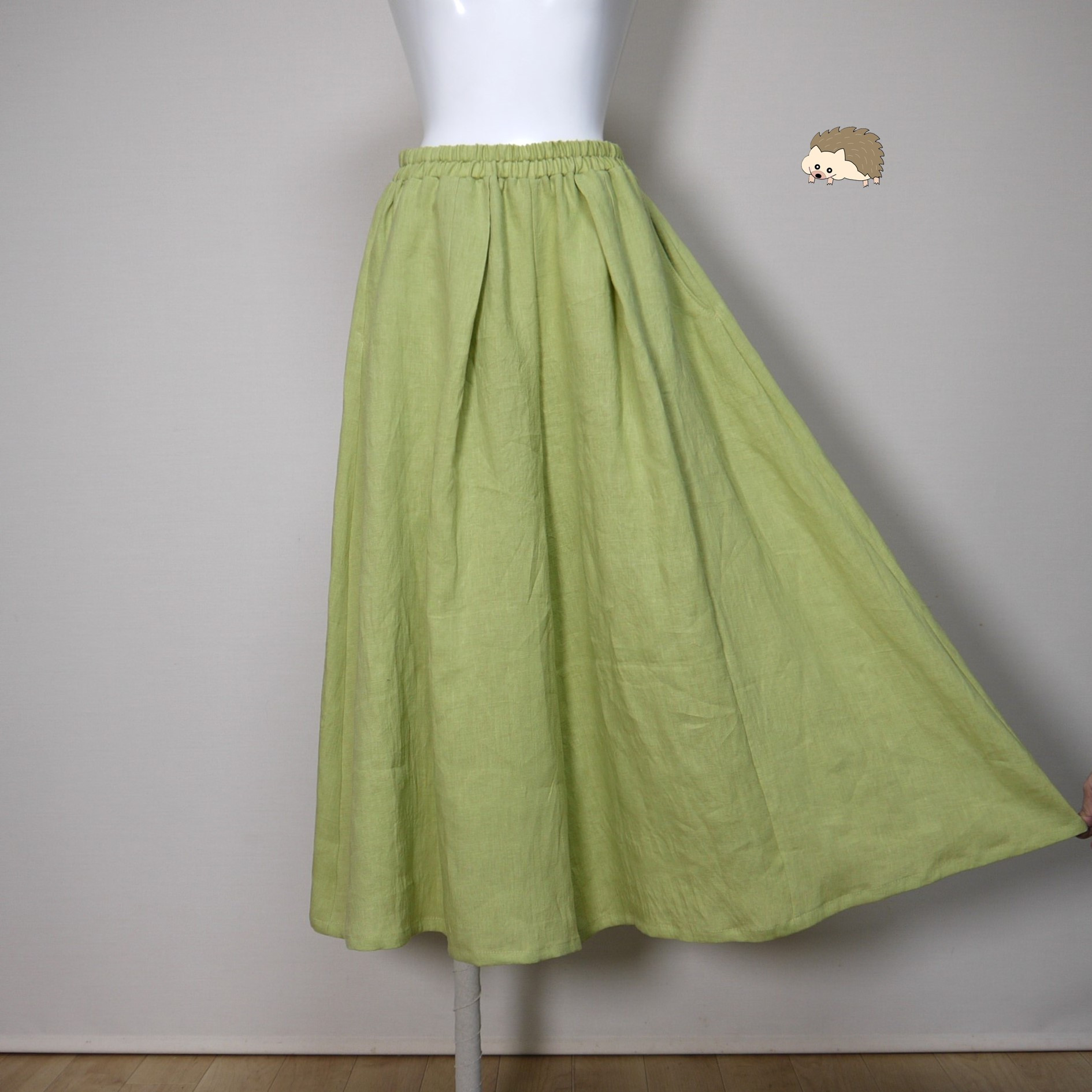 Aラインキュロット◆【ナチュラルリネン　ライト】◆ライム◆フリーサイズ（リネン100％）