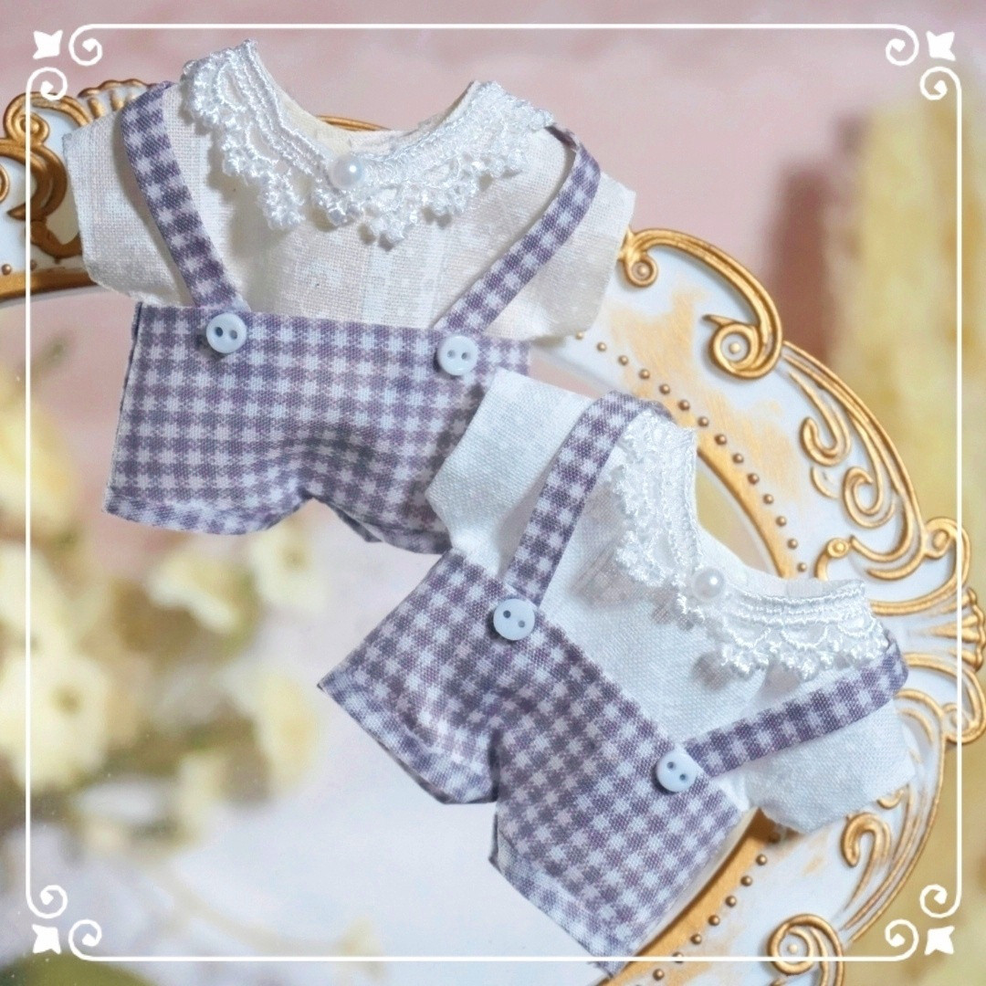 10cmぬい服 チェックサロペット＆花レースシャツ ぬいぐるみ