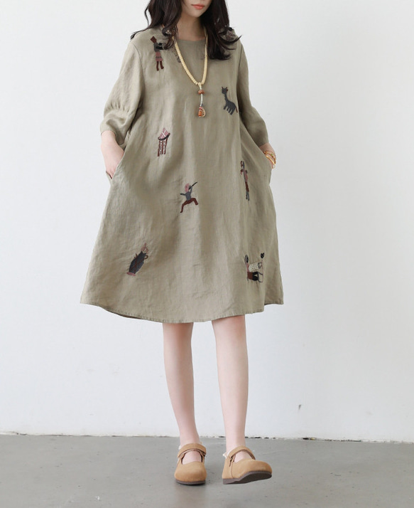 2025リネン手作り刺繍ワンピースシンプル丸首ゆったり 5520