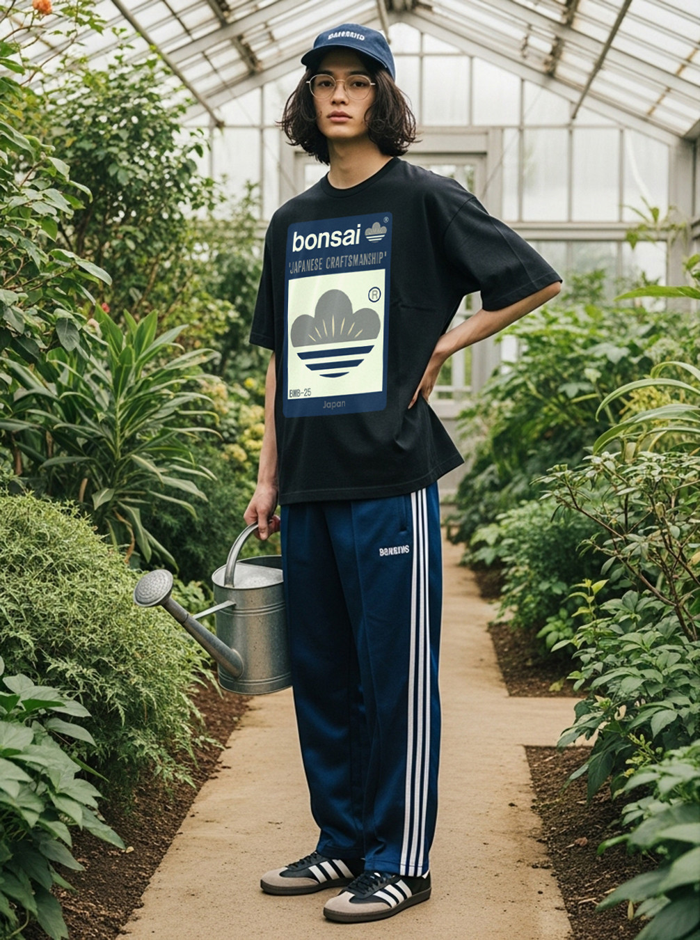 盆栽　和モダン ロゴTシャツ｜ストリート 家紋風・クラシックブルー錆び・ヘビーオンス・ブラックボディ（インクジェット）