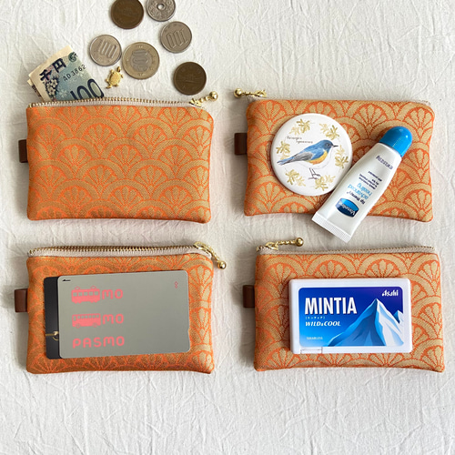 カラビナ付き 帯リメイクミニポーチ 華紋模様 桃色・シルバー シルク帯