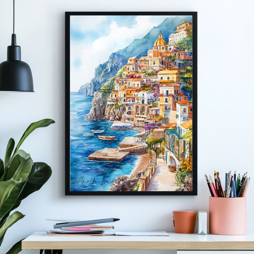 イタリア・アマルフィ海岸の水彩画アート ヨーロッパの絶景