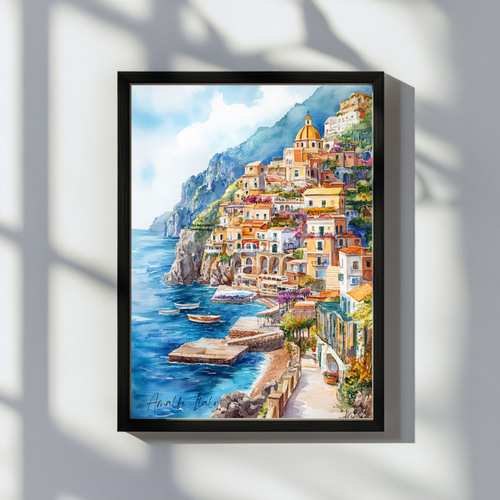 イタリア・アマルフィ海岸の水彩画アート ヨーロッパの絶景