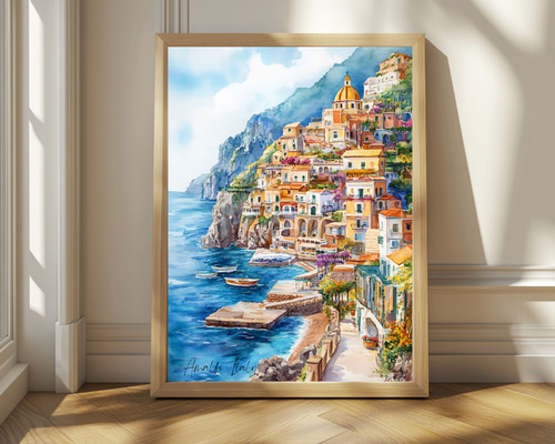 イタリア・アマルフィ海岸の水彩画アート ヨーロッパの絶景