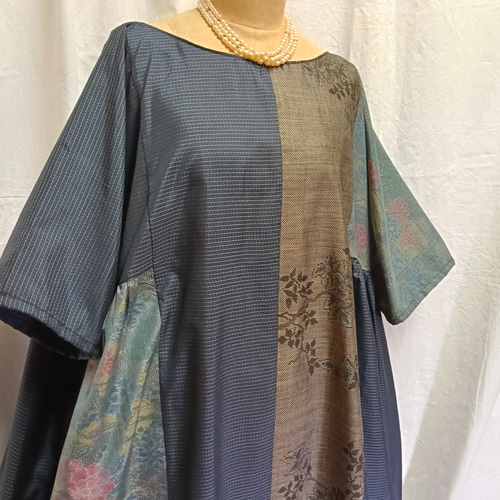 着物リメイク♪ 大島紬　パッチ　ワンピース　Lサイズ　裏地付き♪ 重ね着コーデ 着物リメイク♪ 大島紬 パッチ ワンピース Lサイズ 裏地付き