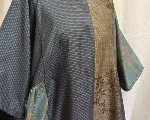 特価！　着物リメイク♪ 結城紬&大島紬パッチワンピース　MーL 裏地付　重ね着♪ 特価！ 着物リメイク♪ 結城紬&大島紬パッチワンピース MーL