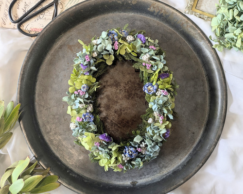 受注制作　鳥達の戯れる紫陽花リース 楕円形リース プルー紫陽花＆アナベルのリース 母の日 インテリア
