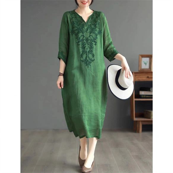 夏、ワンピース、カラムシワンピース、ラミー、麻、ゆったり、フォレストグリーン